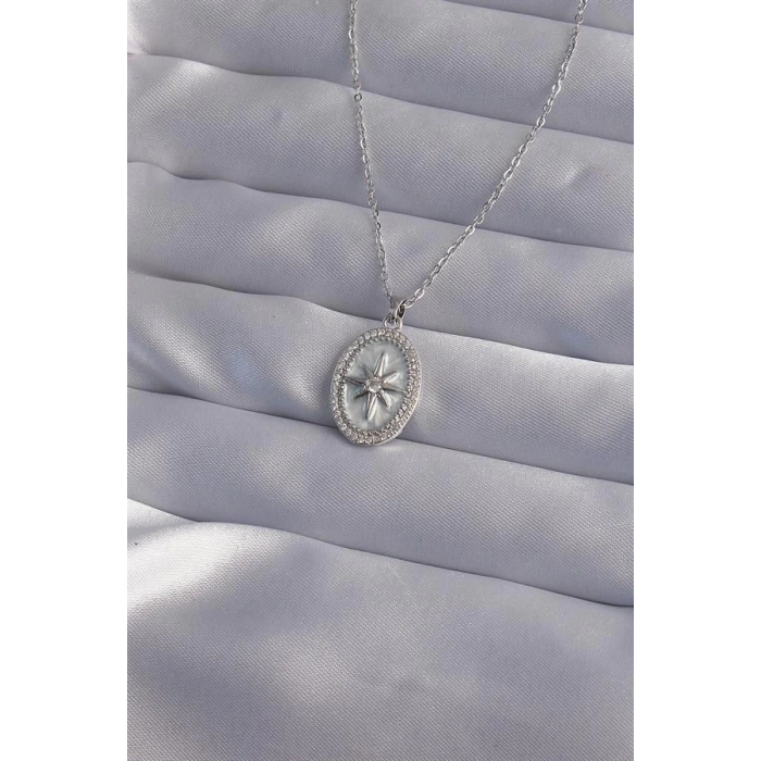 316L Çelik Zincir Gümüş Renk Zirkon Taşlı Kabartmalı Kutup Yıldızı Kolye