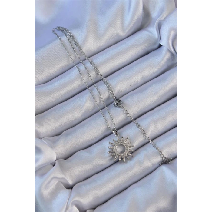 316L Çelik Zincir Gümüş Renk Zirkon Taşlı Parlayan Güneş Kolye