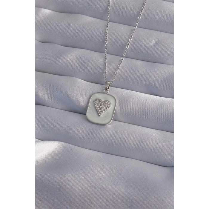 316L Çelik Zincir Mermer Desenli Gümüş Renk Zirkon Taşlı Kalp Model Kolye
