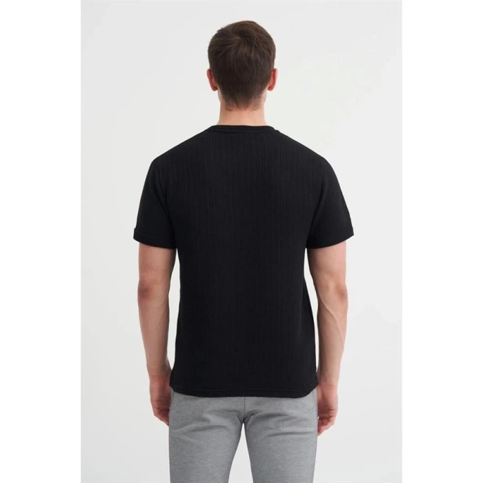 4011 Örgü Desenli Bisiklet Yaka Regular Fit Erkek T-Shirt Siyah