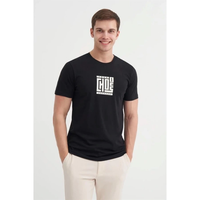 4165 Bisiklet Yaka Baskılı Erkek T-Shirt SİYAH