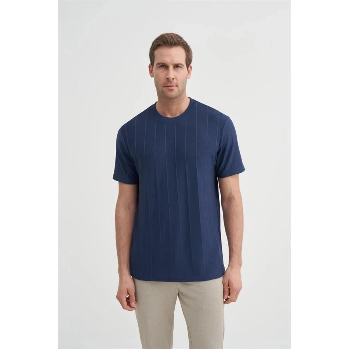 4203 VİSKON KUMAŞ BİSİKLET YAKA REGULAR FİT ERKEK TSHİRT LACİVERT