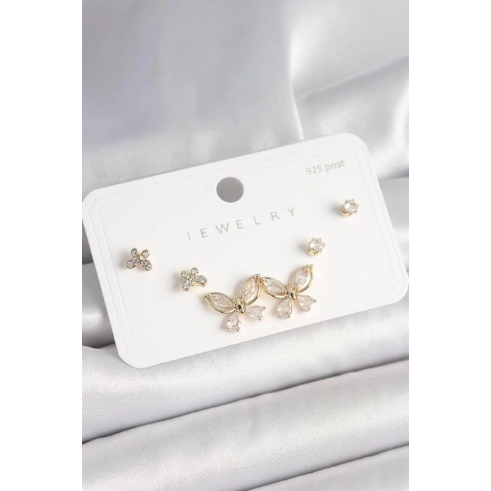 925 Ayar Çivi Gümüş Pirinç Gold Renk Zirkon Taşlı Kelebek Model Kadın Küpe Seti