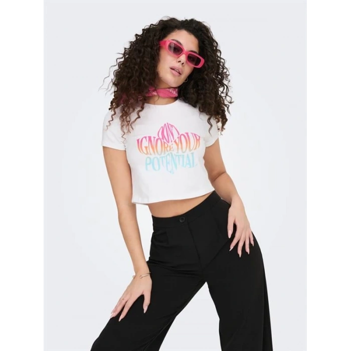 Baskılı Bisiklet Yaka Crop T-Shirt