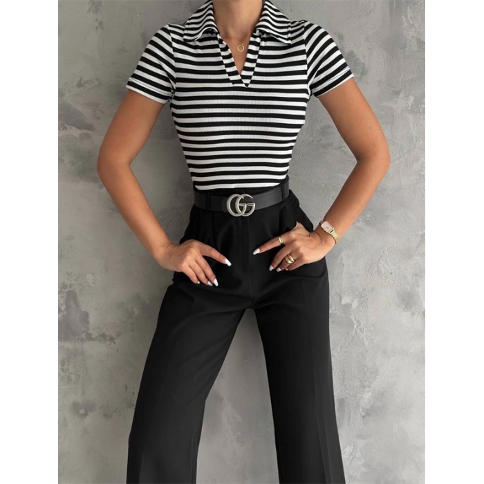 Çizgili Kaşkorse V Yaka Tişört Siyahbeyaz