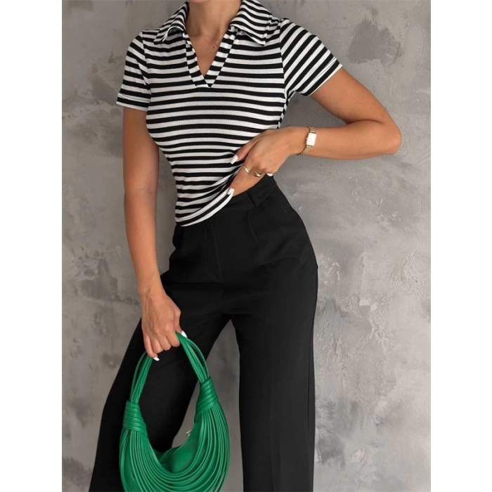 Çizgili Kaşkorse V Yaka Tişört Siyahbeyaz