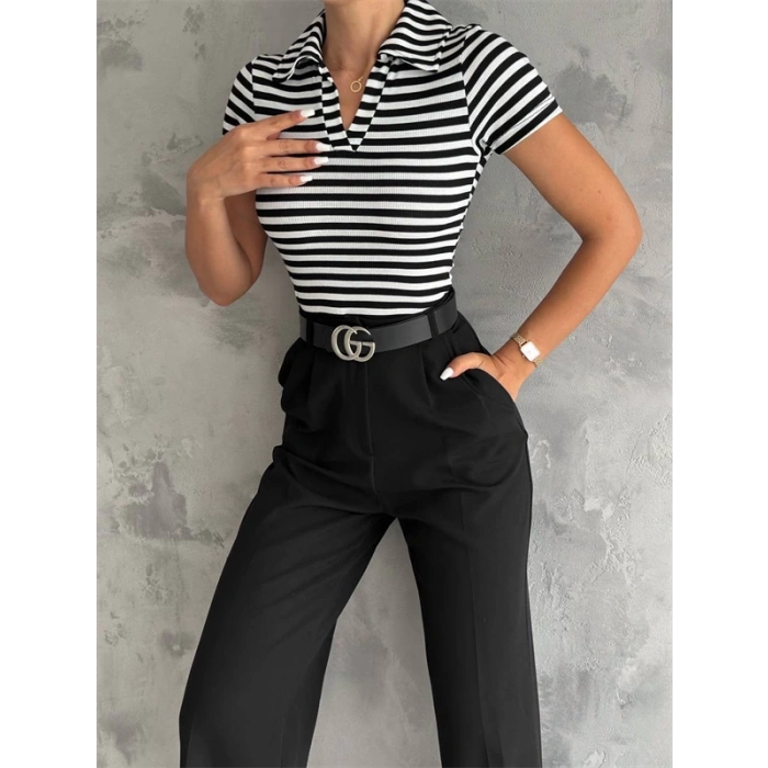 Çizgili Kaşkorse V Yaka Tişört Siyahbeyaz