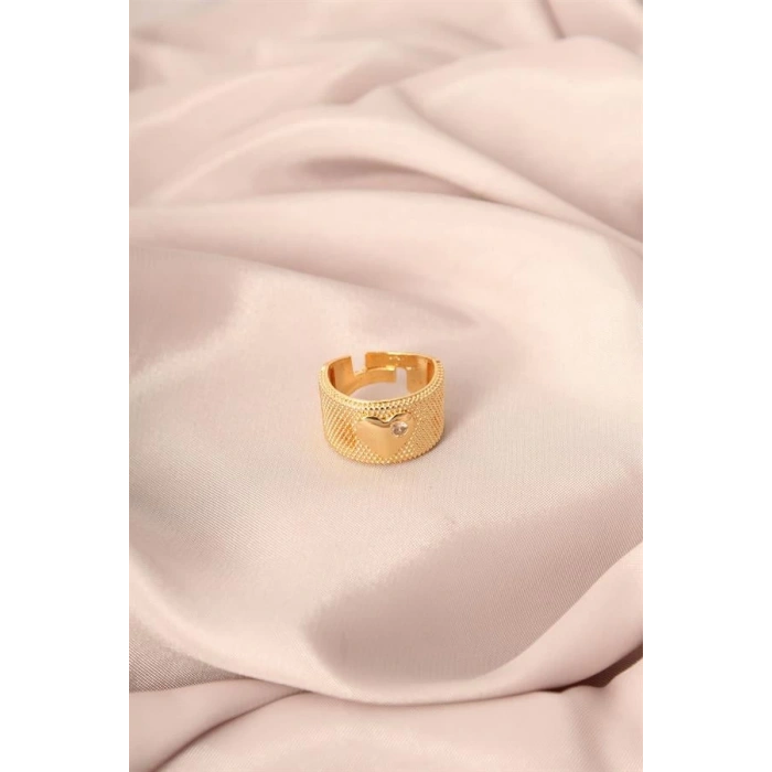 Gold Renk Metal Zirkon Taşlı Kalp Model Ayarlanabilir Kadın Yüzük