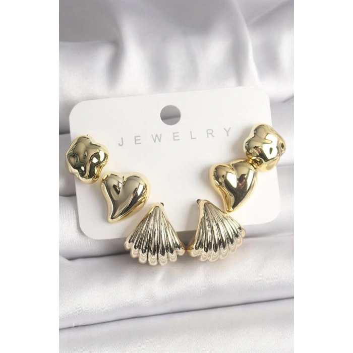 Gold Renk Yonca Kalp Deniz Kabuğu Figür CCB Kadın Küpe Seti