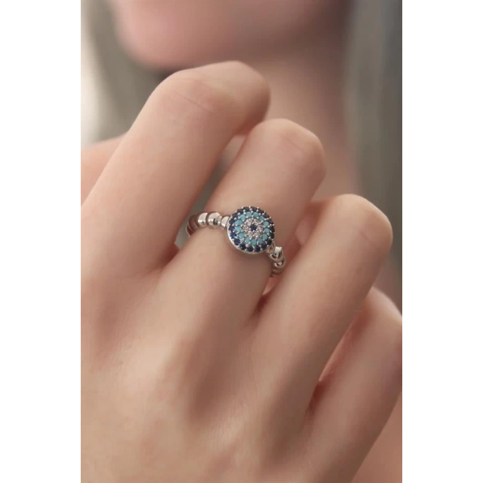 Gümüş Renk Nazar Boncuk Figür Zirkon Taş Detay Kadın Yüzük