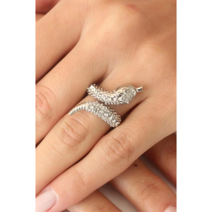 Gümüş Renk Zirkon Taşlı Ayarlanabilir Kadın Yılan Yüzük