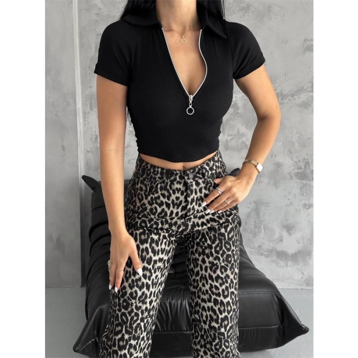 Kaşkorse Yaka Fermuarlı Bluz Siyah