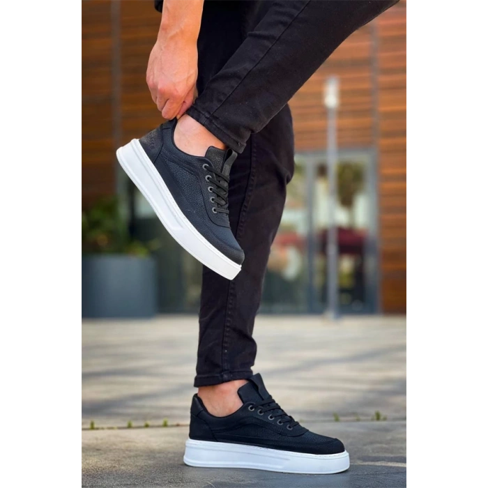 Kb-006 Kuback Siyah Cilt Yüksek Taban Bağcıklı Günlük Erkek Ayakkabı