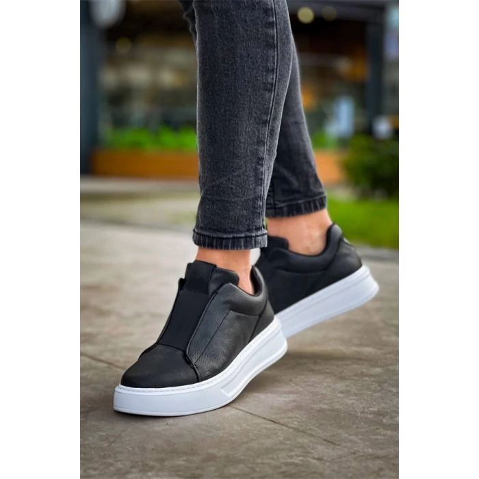 Kb-007  Kuback Siyah Beyaz Yüksek Taban Tek Bant Bağcıksız Günlük Erkek Ayakkabı