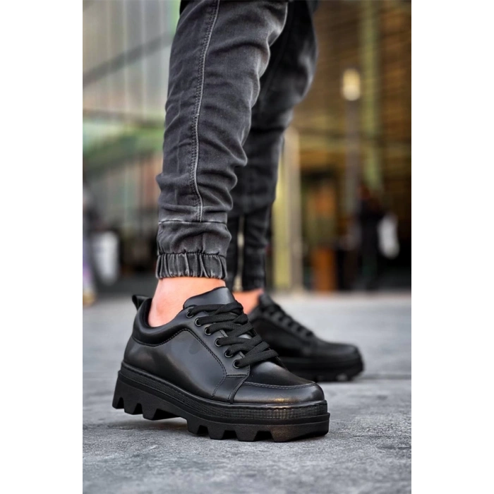 Kb-056 Kuback Siyah Cilt Siyah Yüksek Taban Günlük Spor Ayakkabı