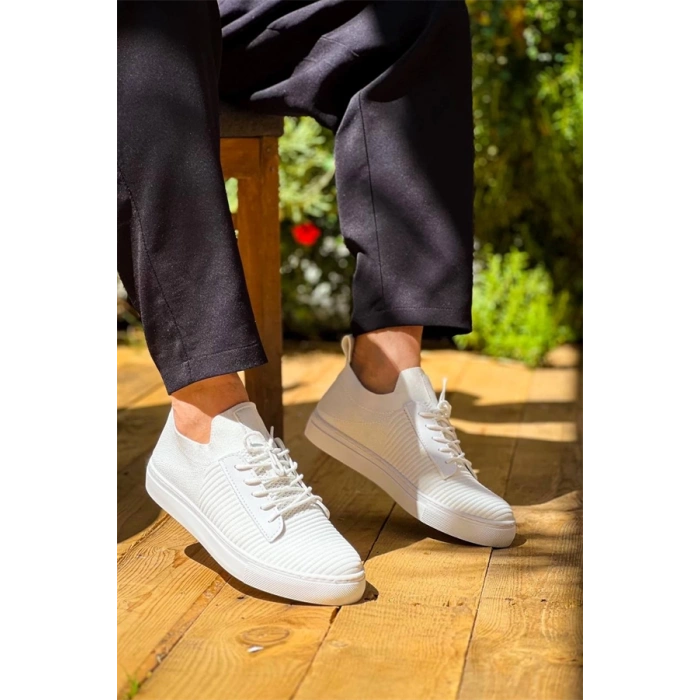 Kb-110  Kuback Beyaz Triko Yüksek Taban Bağcıklı Günlük Erkek Ayakkabı