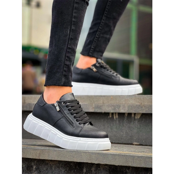 KB-X155 Kuback Siyah Cilt Detaylı Beyaz Yüksek Taban Günlük Spor Ayakkabı