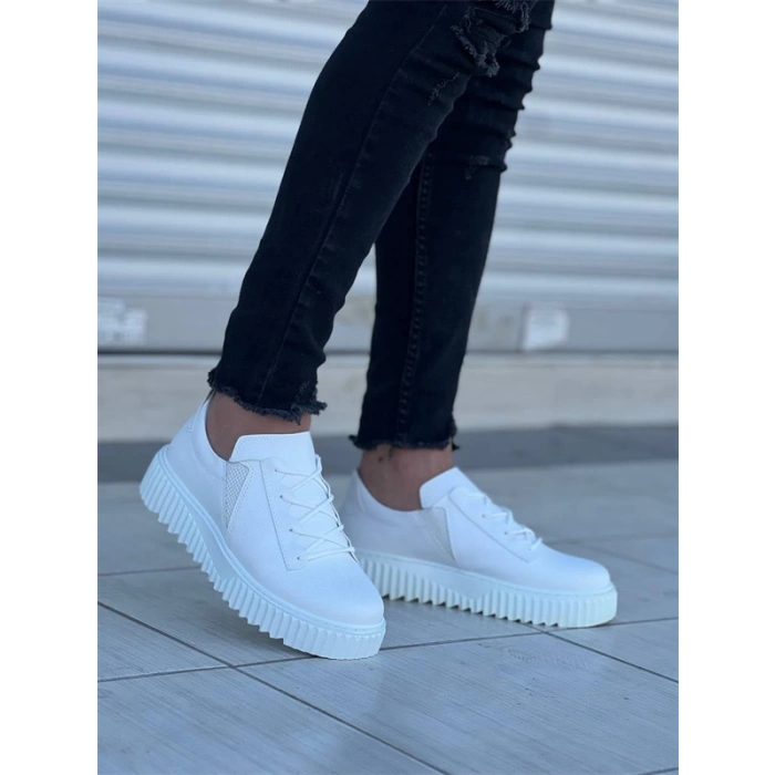 Kb-X502  Kuback Beyaz Cilt Yüksek Beyaz Taban Bağcık Detaylı Lastikli Günlük Erkek Ayakkabı