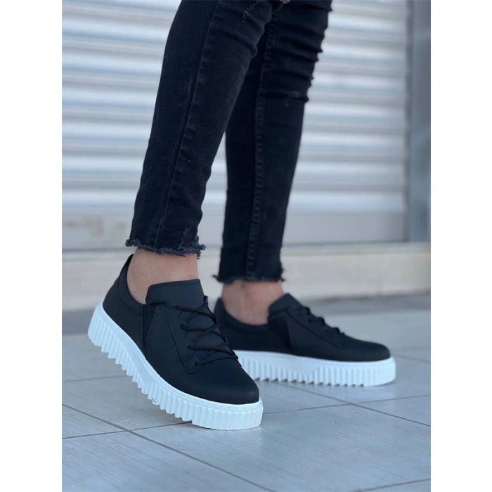 Kb-X502  Kuback Siyah Cilt Yüksek Beyaz Taban Bağcık Detaylı Lastikli Günlük Erkek Ayakkabı