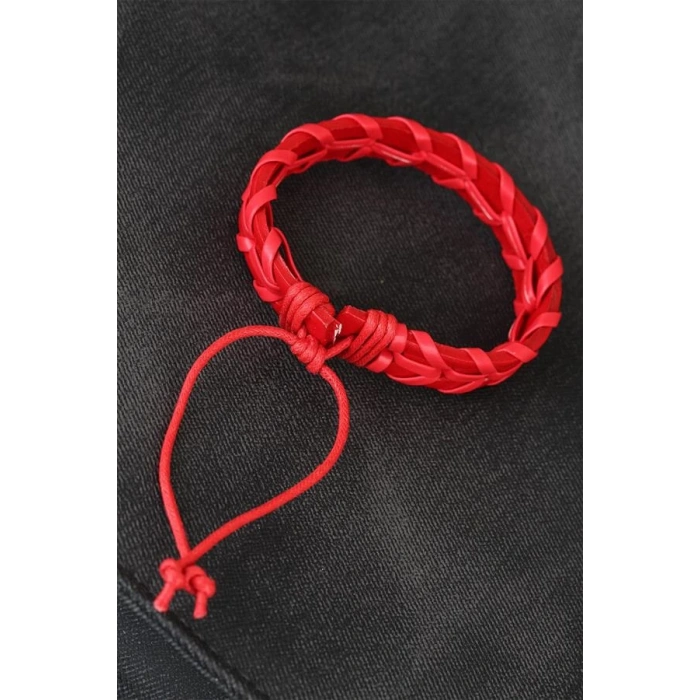 Kırmızı Örgü Deri Erkek Bileklik