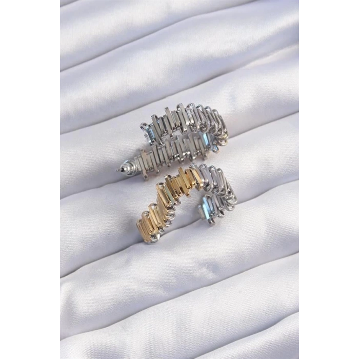 Pirinç Gold Gümüş Renkli Tırtıklı Kalp Küpe