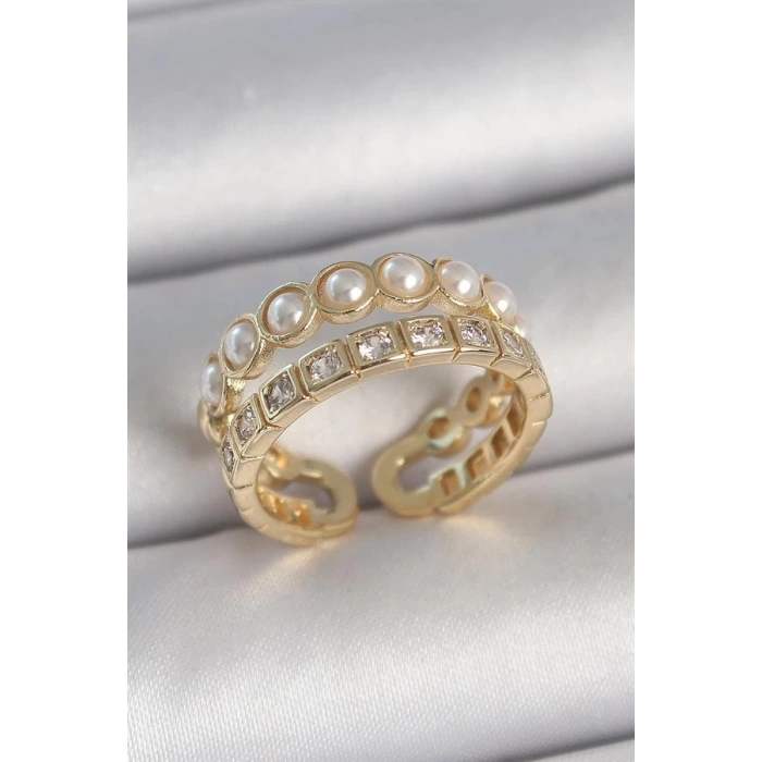Pirinç Gold Renk 2Li Zirkon Taşlı Ve İncili Ayarlanabilir Kadın Yüzük