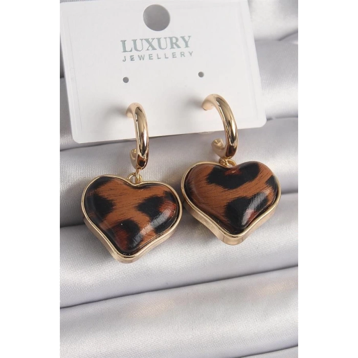Pirinç Gold Renk 3D Kalp Leopar Desen Model Kadın Küpe