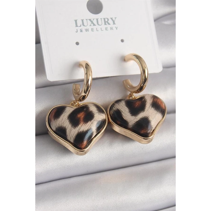 Pirinç Gold Renk 3D Kalp Leopar Model Kadın Küpe