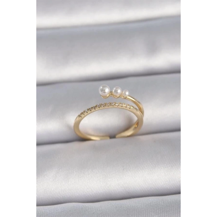 Pirinç Gold Renk Ayarlanabilir Zirkon Taşlı İncili Model Kadın Yüzük