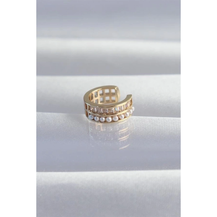 Pirinç Gold Renk İncili Baget Taşlı Earcuff Küpe