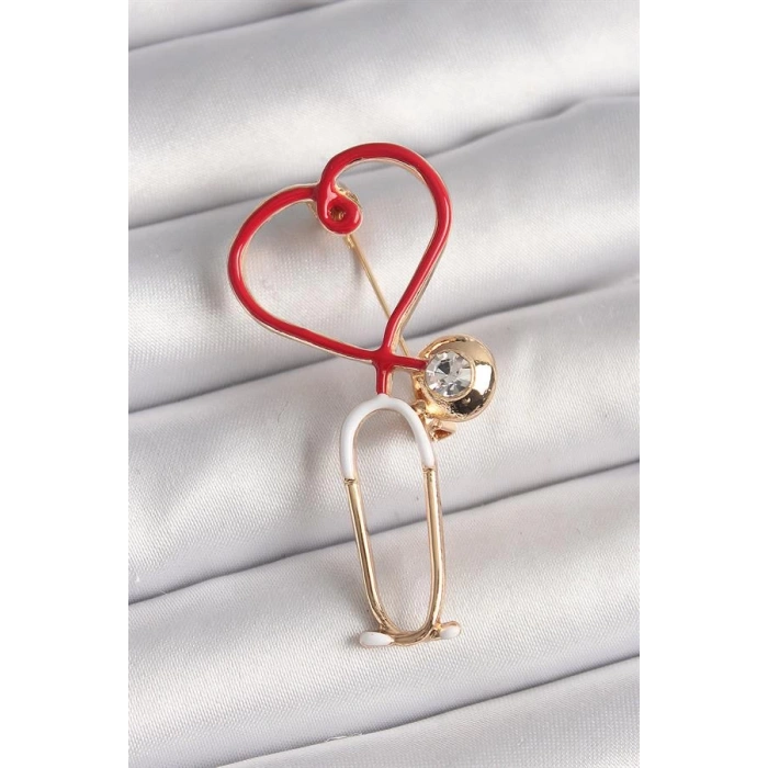 Pirinç Gold Renk Kırmızı Steteskop Model Zirkon Taş Detay Kadın Broş
