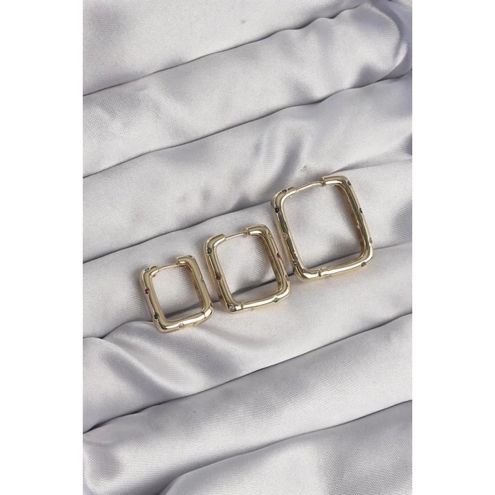 Pirinç Gold Renk Renkli Zirkon Taşlı Kare Model Küpe Seti