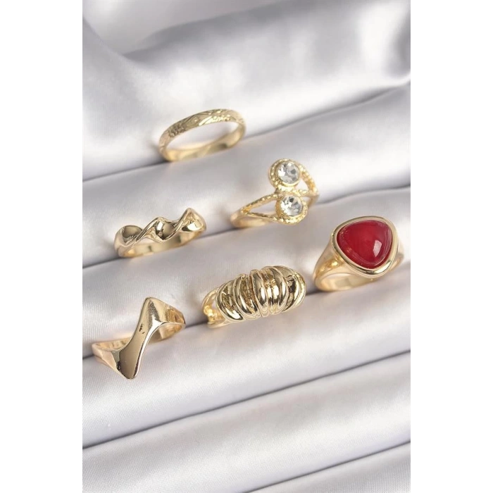Pirinç Gold Renk Sarmal Modl Zirkon Taşlı Sarmal Detay 6Lı Kadın Yüzük Seti