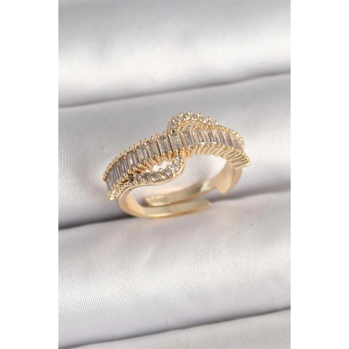 Pirinç Gold Renk Su Yolu Zirkon Taşlı Ayarlanabilir Model Kadın Yüzük