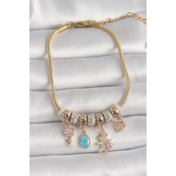 Pirinç Gold Renk Zincir Sallantı Zirkon Taşlı Ayıcık Figür Çiçek Detay Kadın Bileklik