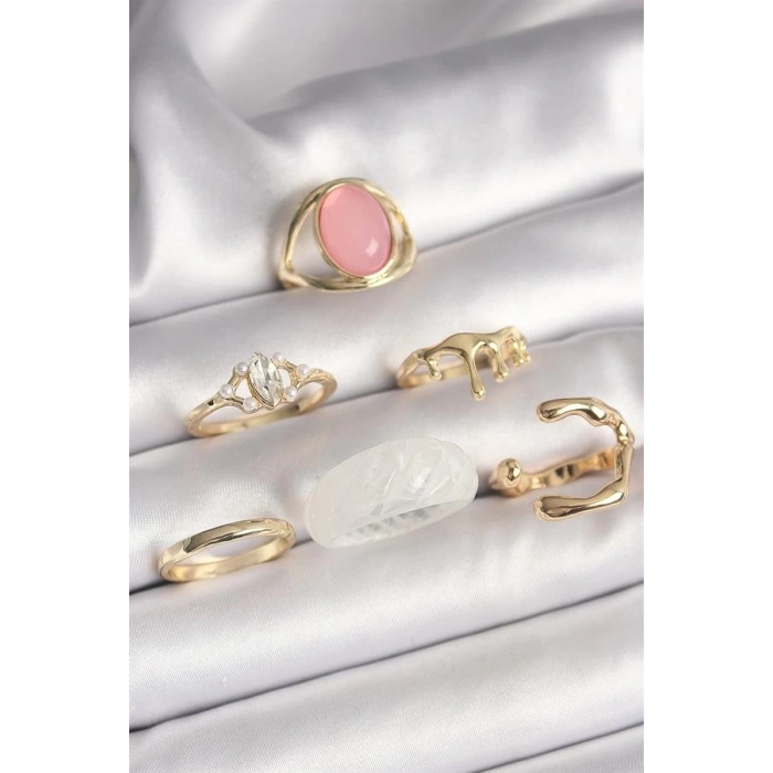 Pirinç Gold Renk Zirkon Taş Detaylı Pembe Mineli 6Lı Kadın Yüzük Seti