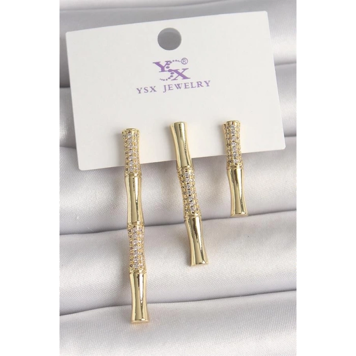 Pirinç Gold Renk Zirkon Taşlı Bambu Model 3Lü Kadın Kombin Küpe