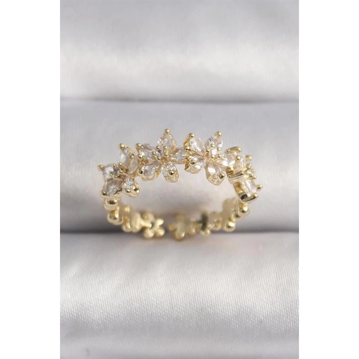 Pirinç Gold Renk Zirkon Taşlı Çiçek Model VIP Seri Kadın Yüzük