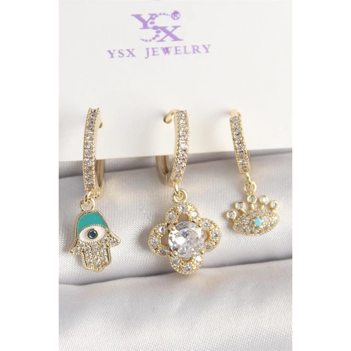 Pirinç Gold Renk Zirkon Taşlı Fatma Ana El Yonca Figür Göz Detay 3Lü Kadın Kombin Küpe