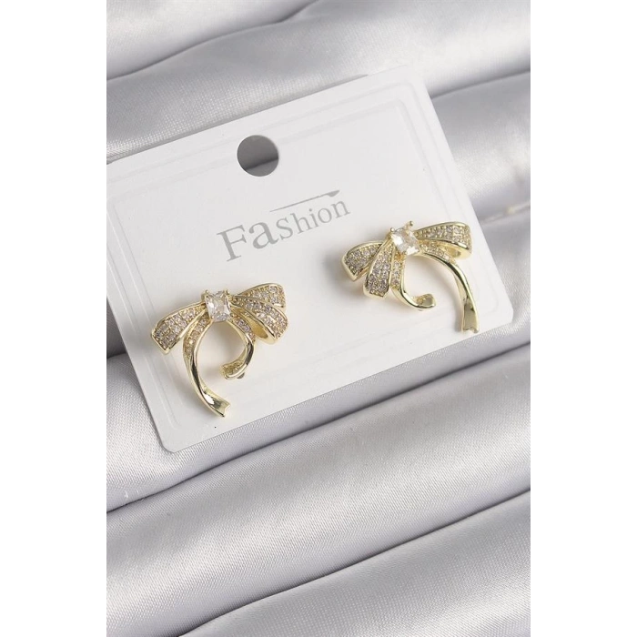 Pirinç Gold Renk Zirkon Taşlı Fiyonk Model Kadın Küpe