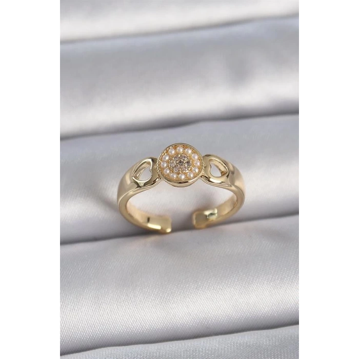 Pirinç Gold Renk Zirkon Taşlı İncili Kalp İşleme Detay Ayarlanabilir Kadın Yüzük