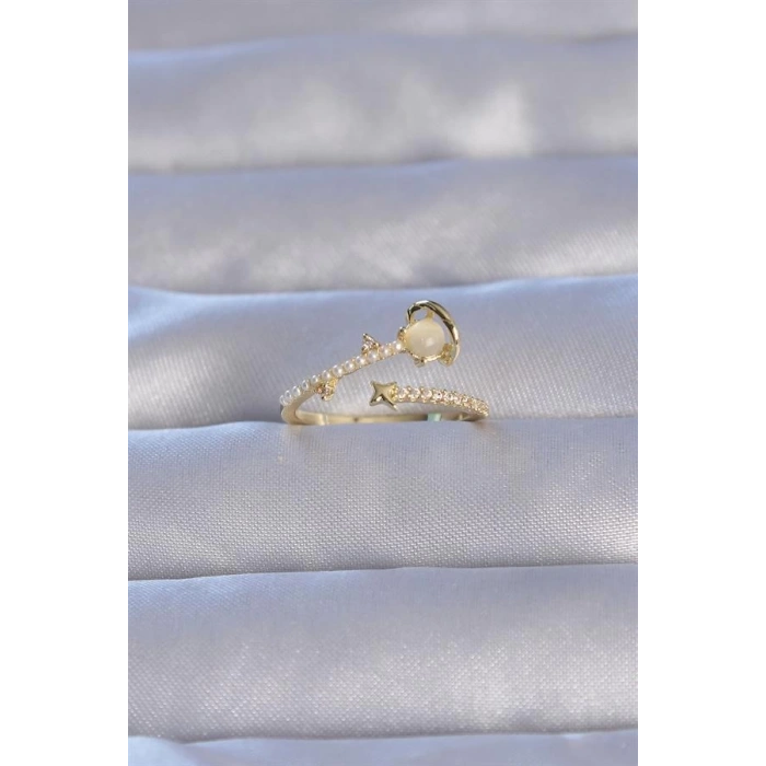 Pirinç Gold Renk Zirkon Taşlı İncili Satürn Model Ayarlanabilir Yüzük