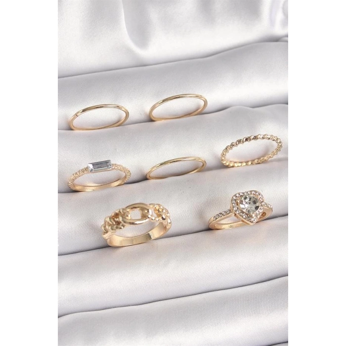 Pirinç Gold Renk Zirkon Taşlı Kalp Figür Düğüm Detay Kadın Yüzük Kombini