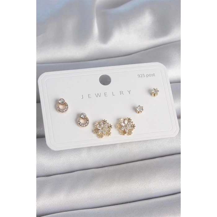 Pirinç Gold Renk Zirkon Taşlı Kar Tanesi Model 925 Ayar Gümüş Çivi Kadın Küpe Seti