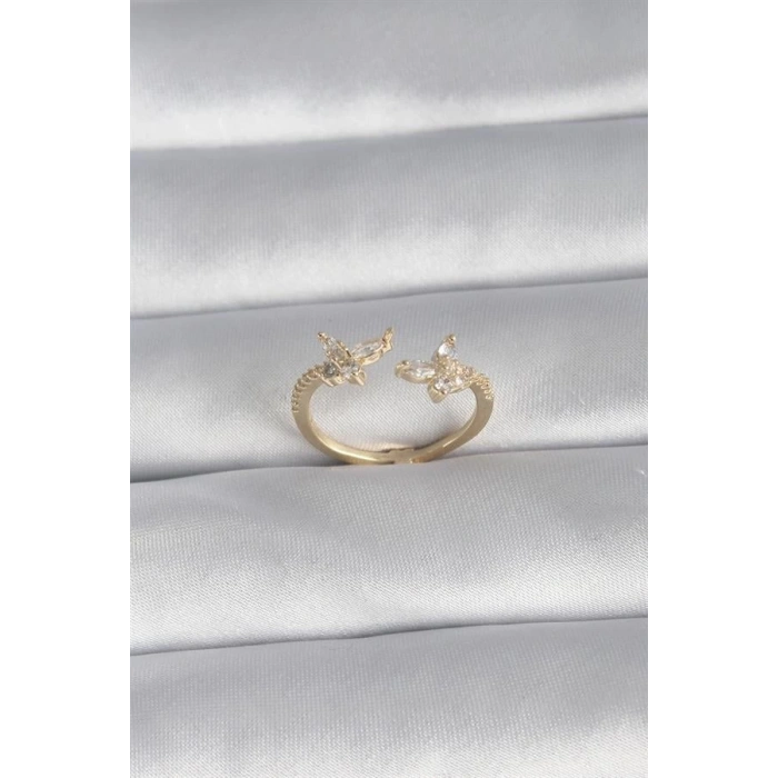 Pirinç Gold Renk Zirkon Taşlı Kelebek Model Kadın Yüzük
