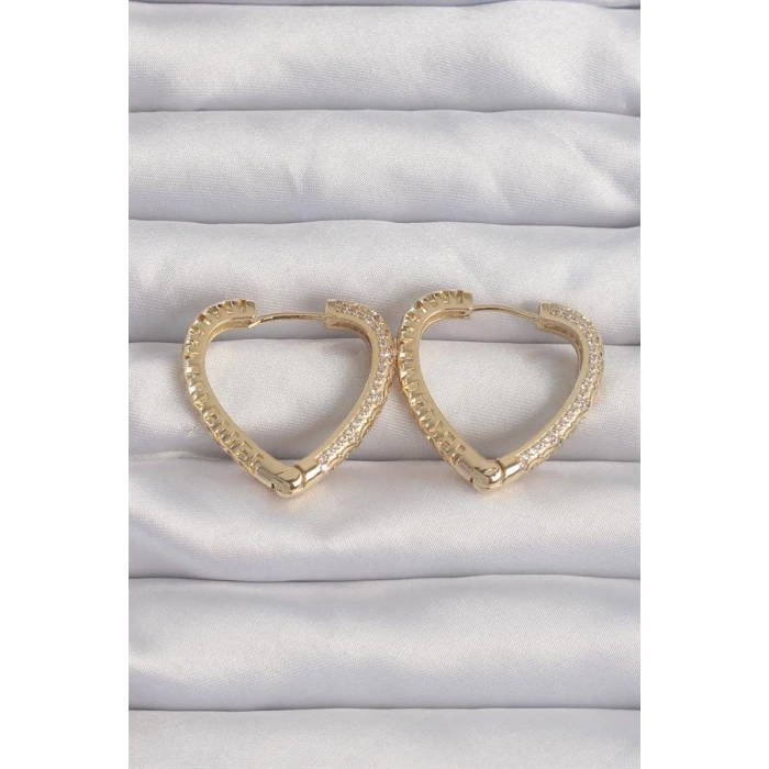 Pirinç Gold Renk Zirkon Taşlı Motifli Kalp Küpe