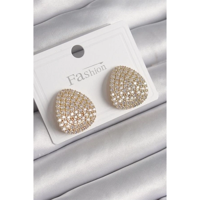 Pirinç Gold Renk Zirkon Taşlı Plaka Model Kadın Küpe