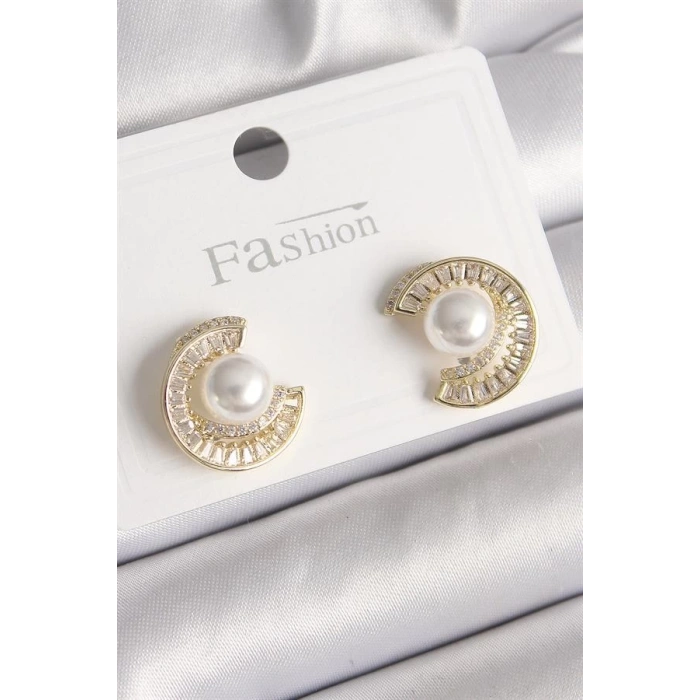 Pirinç Gold Renk Zirkon Taşlı Salyangoz Model İnci Detay Kadın Küpe