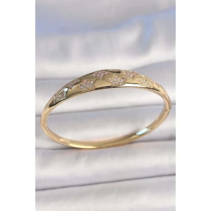 Pirinç Gold Renk Zirkon Taşlı Yıldız İşlemeli Kadın Kelepçe