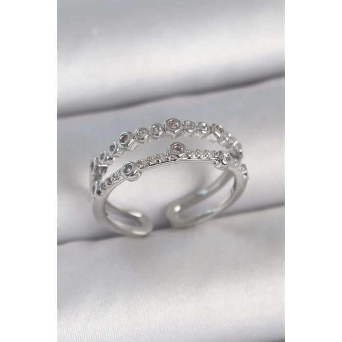 Pirinç Gümüş Renk 2Li Zirkon Taşlı Ayarlanabilir Model Kadın Yüzük